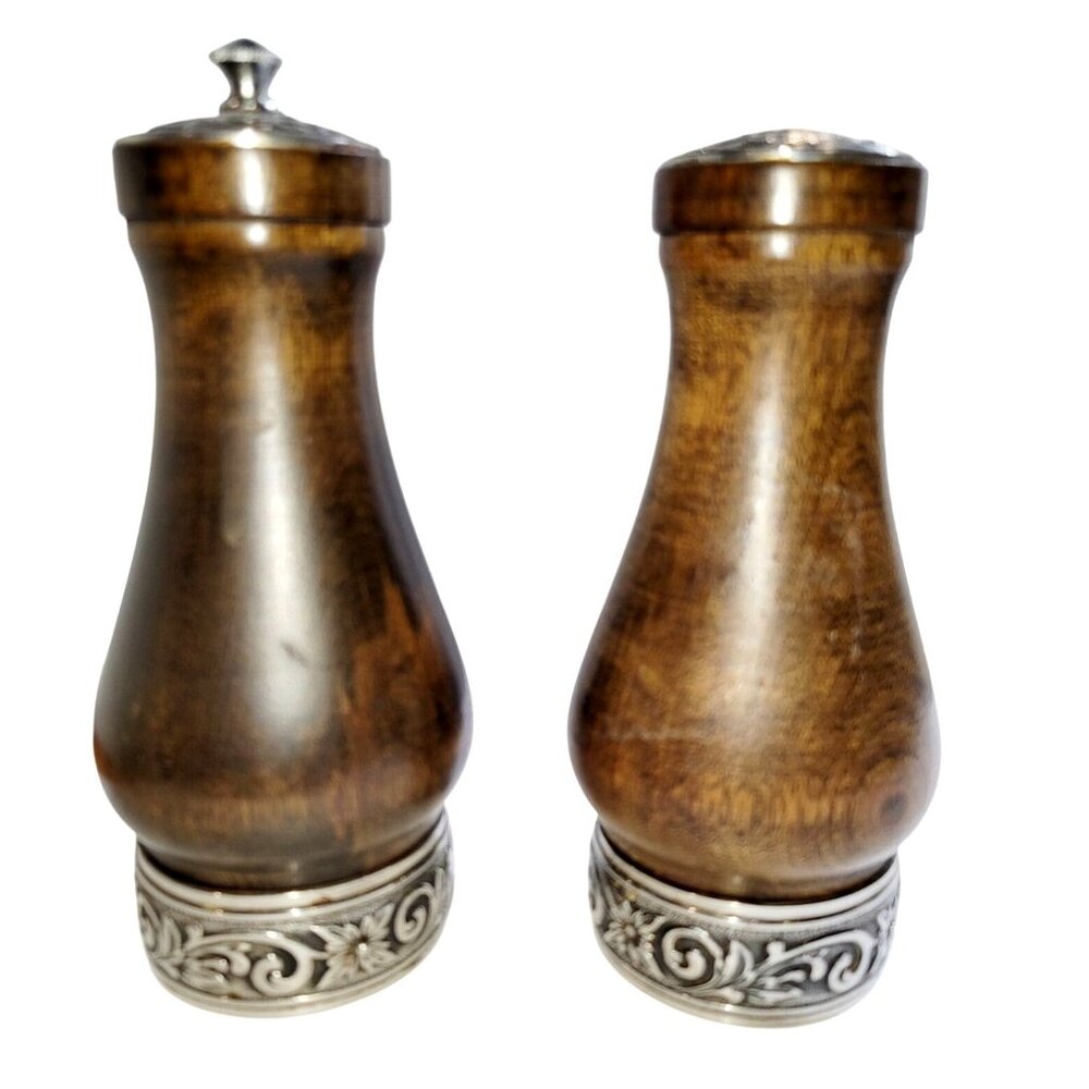 Vintage International Silver Salt and Pepper Mill Wood Stainless Steel Japan